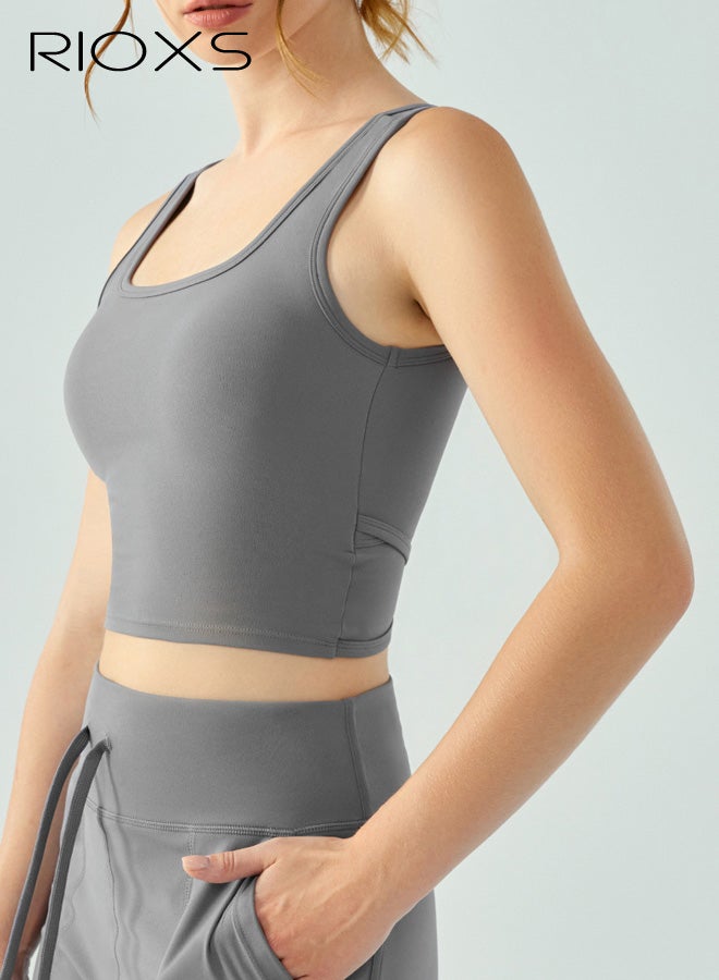 RIOXS Womens Cross Back Sports Bras, Breathable Push Up Strappy Square Neck Workout Crop Tank Top with Built in Pads, Stretch Medium Support Workout Yoga Bras for Running Hiking Riding, Gray - Image 2