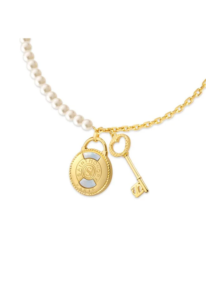 Saint Honore Paris  Pont Des Arts Gold Plated Padlock and White Pearl Necklace for Women's for Women | Best Price UAE