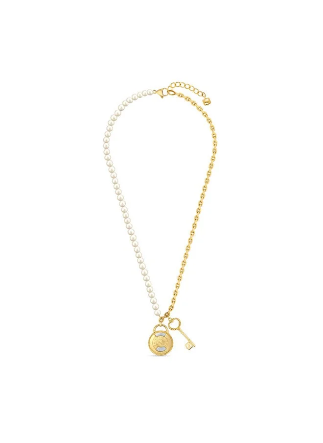 سانت هونور Pont Des Arts Gold Plated Padlock and White Pearl Necklace for Women's