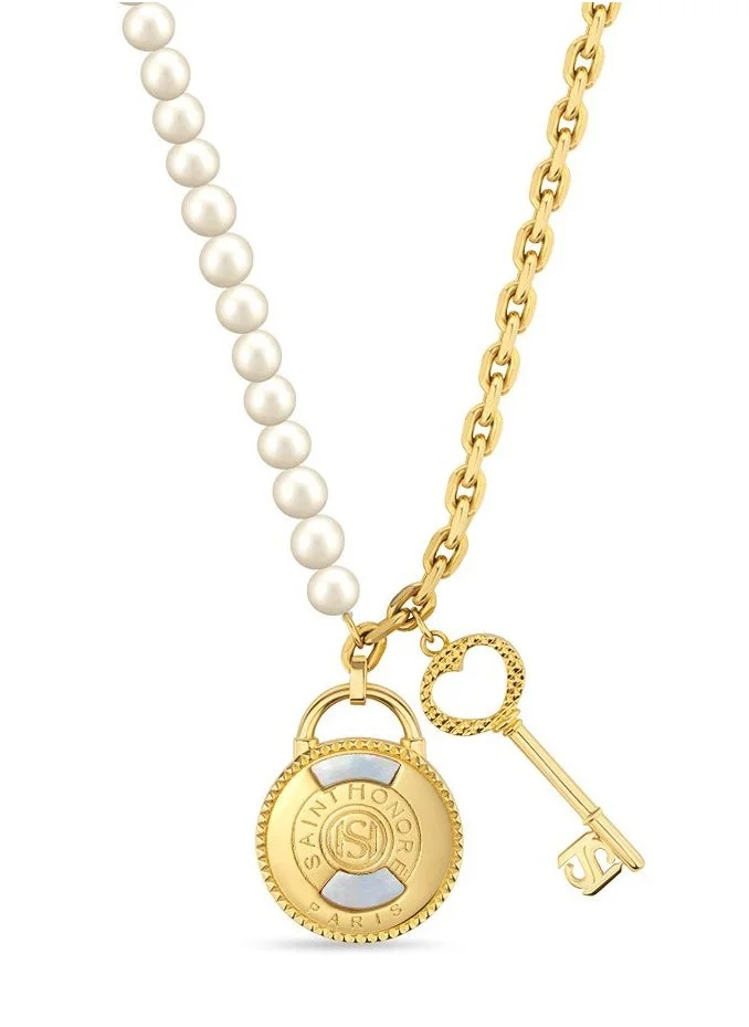 سانت هونور Pont Des Arts Gold Plated Padlock and White Pearl Necklace for Women's