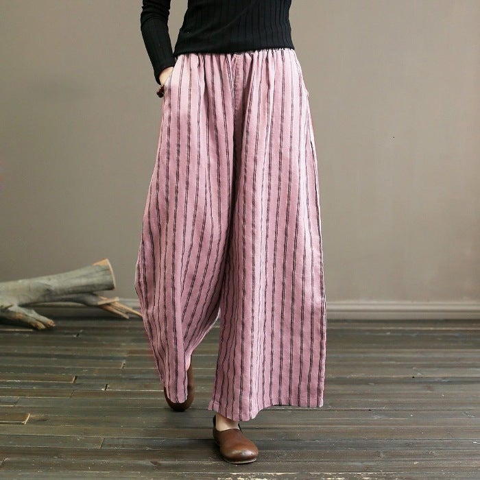 Retro Japanese Striped Wide Leg Pants Slimming Summer Capris Women Lotus root color 