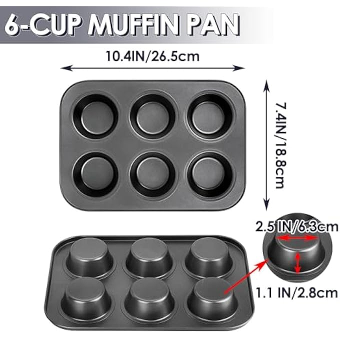 مقلاة الكعك 6 أكواب كب كيك صينية خبز من 2 طلاء فولاذي كربوني صينية خبز غير لاصقة للخبز تورتة كعكة البيض 6 جيدا علب الكعك الأسود - Image 2