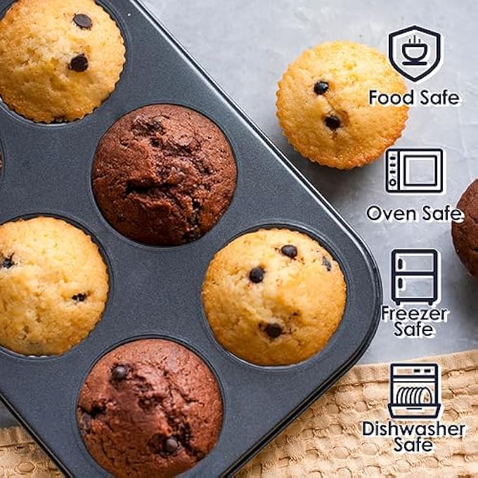 مقلاة الكعك 6 أكواب كب كيك صينية خبز من 2 طلاء فولاذي كربوني صينية خبز غير لاصقة للخبز تورتة كعكة البيض 6 جيدا علب الكعك الأسود - Image 5