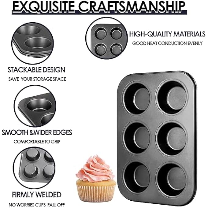 مقلاة الكعك 6 أكواب كب كيك صينية خبز من 2 طلاء فولاذي كربوني صينية خبز غير لاصقة للخبز تورتة كعكة البيض 6 جيدا علب الكعك الأسود - Image 3