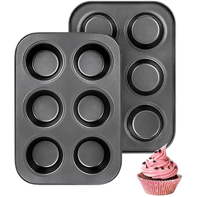 مقلاة الكعك 6 أكواب كب كيك صينية خبز من 2 طلاء فولاذي كربوني صينية خبز غير لاصقة للخبز تورتة كعكة البيض 6 جيدا علب الكعك الأسود - Image 1