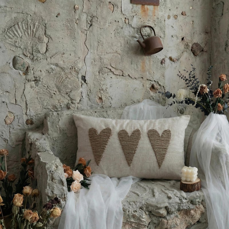 VANNCIO Farmhouse Valentineâ€™s Day Lumbar Pillow Cover with Textured 3D Jute Twine Hearts Embroidery, Neutral Burlap Linen Pillow Case for Rustic Love Decor, 12x20 inches, 1PCS - Image 3