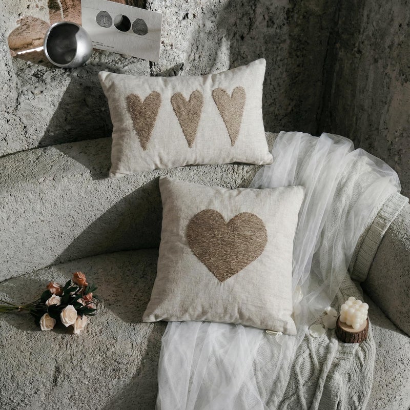 VANNCIO Farmhouse Valentineâ€™s Day Lumbar Pillow Cover with Textured 3D Jute Twine Hearts Embroidery, Neutral Burlap Linen Pillow Case for Rustic Love Decor, 12x20 inches, 1PCS - Image 2