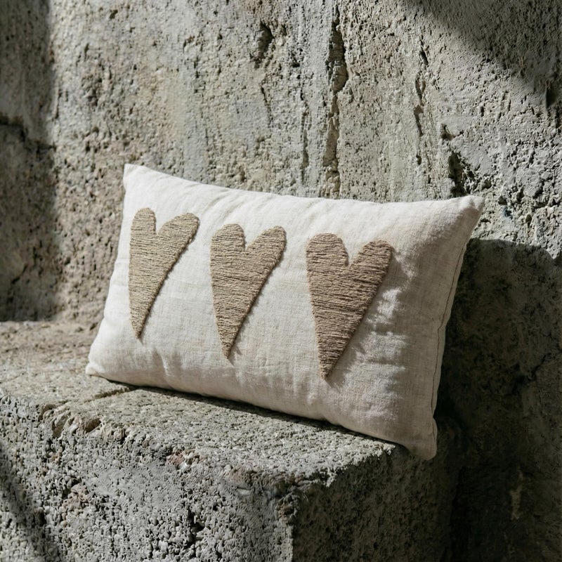 VANNCIO Farmhouse Valentineâ€™s Day Lumbar Pillow Cover with Textured 3D Jute Twine Hearts Embroidery, Neutral Burlap Linen Pillow Case for Rustic Love Decor, 12x20 inches, 1PCS - Image 1