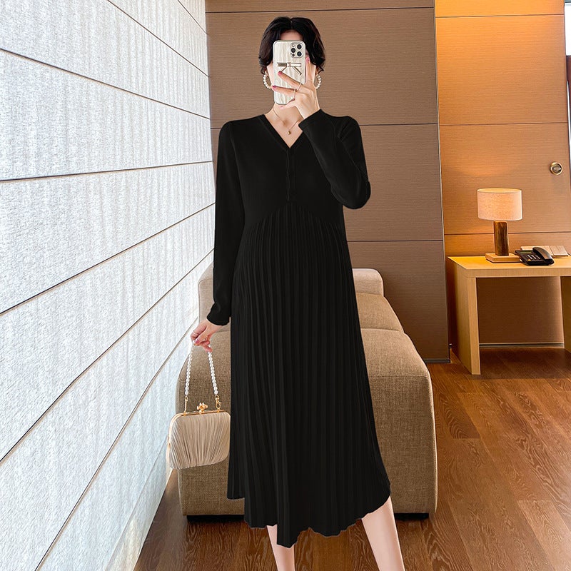 Chic Maternity Knit Dress V-Neck Versatile Sweater black  - Image 1