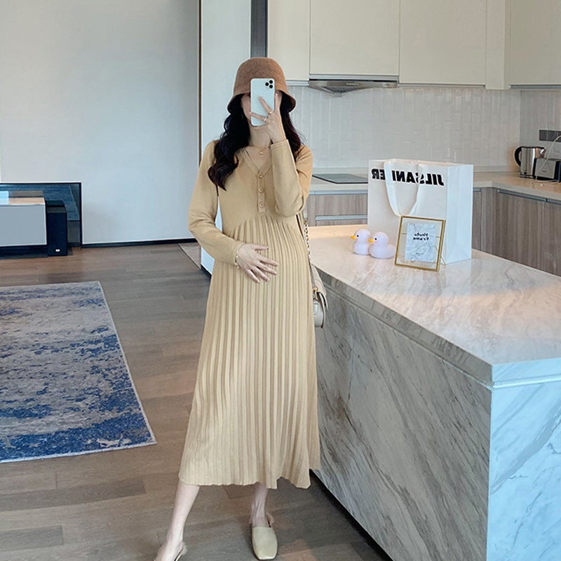 Chic Maternity Knit Dress V-Neck Versatile Sweater black  - Image 2