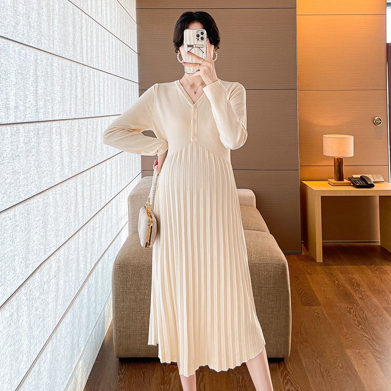 Chic Maternity Knit Dress V-Neck Versatile Sweater black  - Image 4