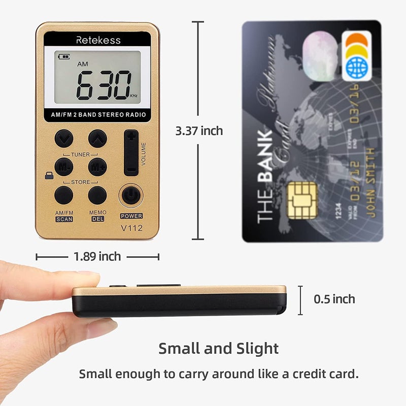 Retekess V112 AM FM Radio Portable, Mini Radio,Digital Tuning Rechargeable Battery LCD Display for Walking Jogging(Gold) - Image 2