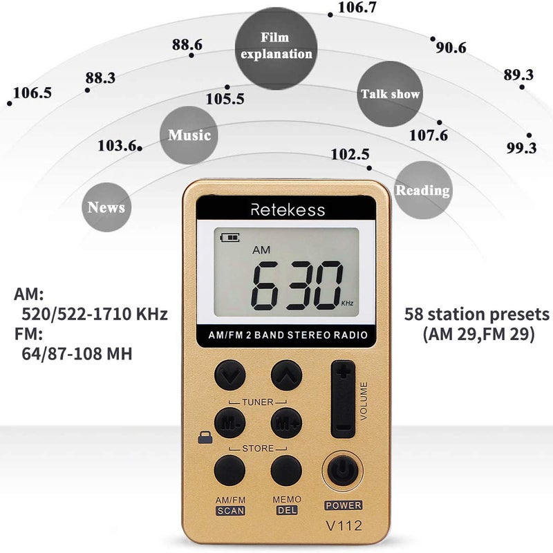 Retekess V112 AM FM Radio Portable, Mini Radio,Digital Tuning Rechargeable Battery LCD Display for Walking Jogging(Gold) - Image 3