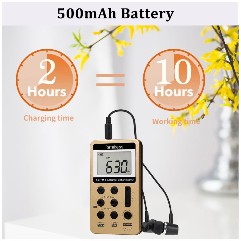 Retekess V112 AM FM Radio Portable, Mini Radio,Digital Tuning Rechargeable Battery LCD Display for Walking Jogging(Gold) - Image 5