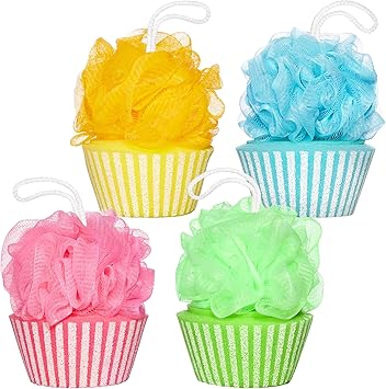 BRUBAKER Set of 4 Bath Sponge Shower Sponge Cupcake Peeling Sponge 14 oz 40 g Bath Balls Colourful Bath Accessories Body Cleansing Sponge for Children and Adults incl Gift Box - Image 1