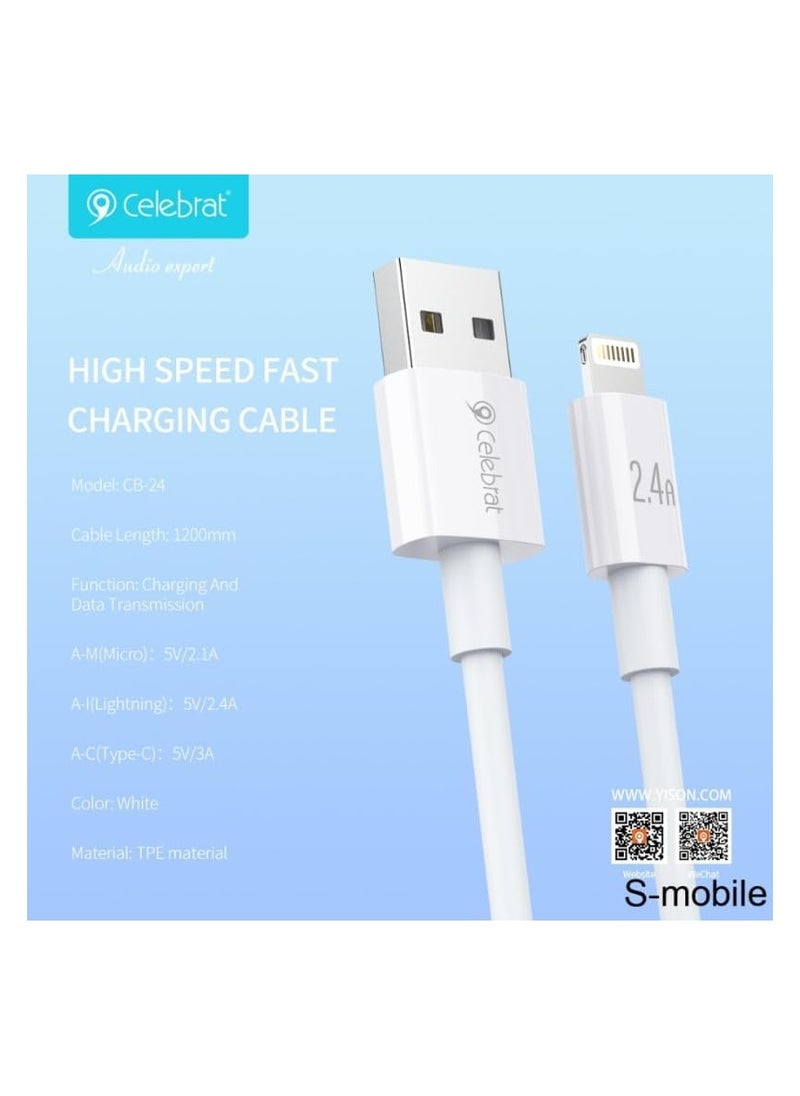 سليبرات - سيليبرات CB-24 كابل USB محمول إلى Lightning للشحن السريع ونقل البيانات بتصميم سلك مسطح ويناسب الهاتف المحمول 2.4 أمبير / 1.2 متر - أبيض - Image 1