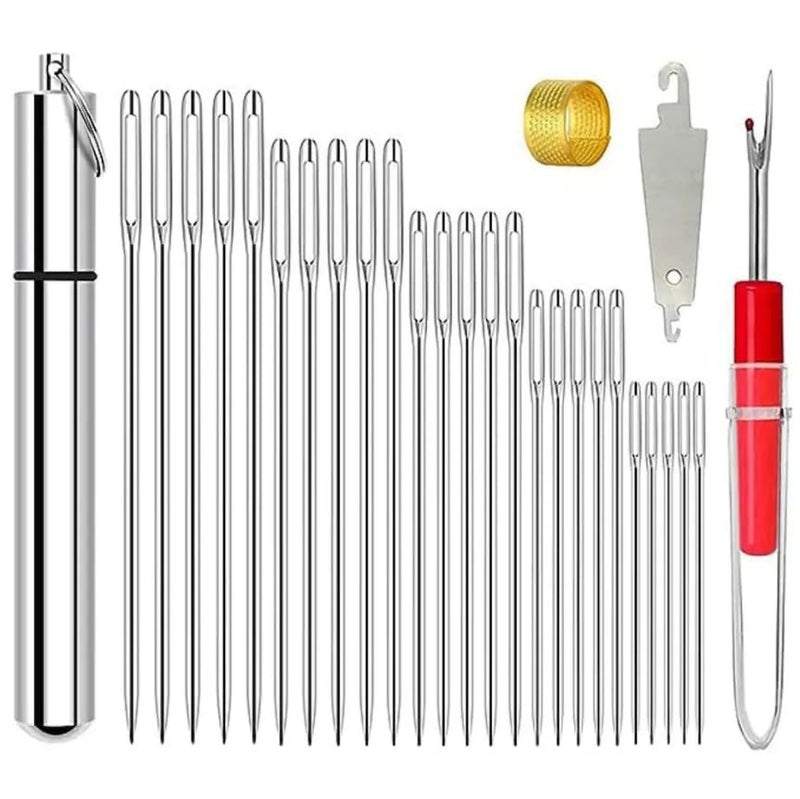 SKINPLUS 25pcs Sewing Embroidery Needle Set | Large Eye Knitting Needle Set-5 Sizes Big Eye Hand Sewing Needles with Storage Case Thread Cutter Threader Thimble - Image 1