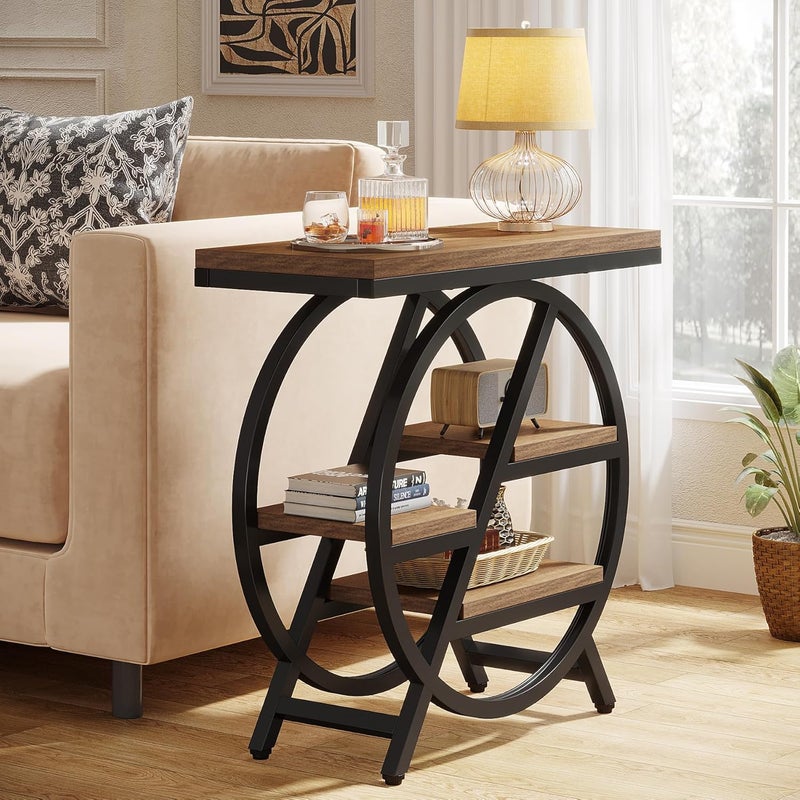 Tribesigns End Table for Living Room, 3-Tier Narrow Side Table with Storage, Wood Sofa Side Table with Geometric Metal Frame, Industrial Nightstand and Bedside Table for Bedroom, Light Brown - Image 3