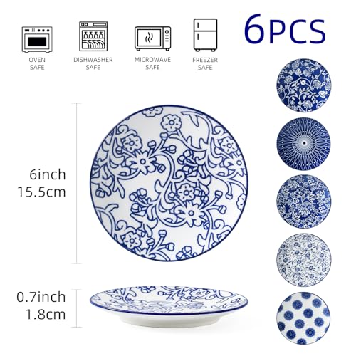 Cerkik Ceramic Dessert Plates Set - 6 Inch Mini Appetizer Plates for Kitchen - Small Salad Plate for Cake Snacks Side Dish, Microwave Dishwasher Safe, Gift, Vintage Blue - Image 4