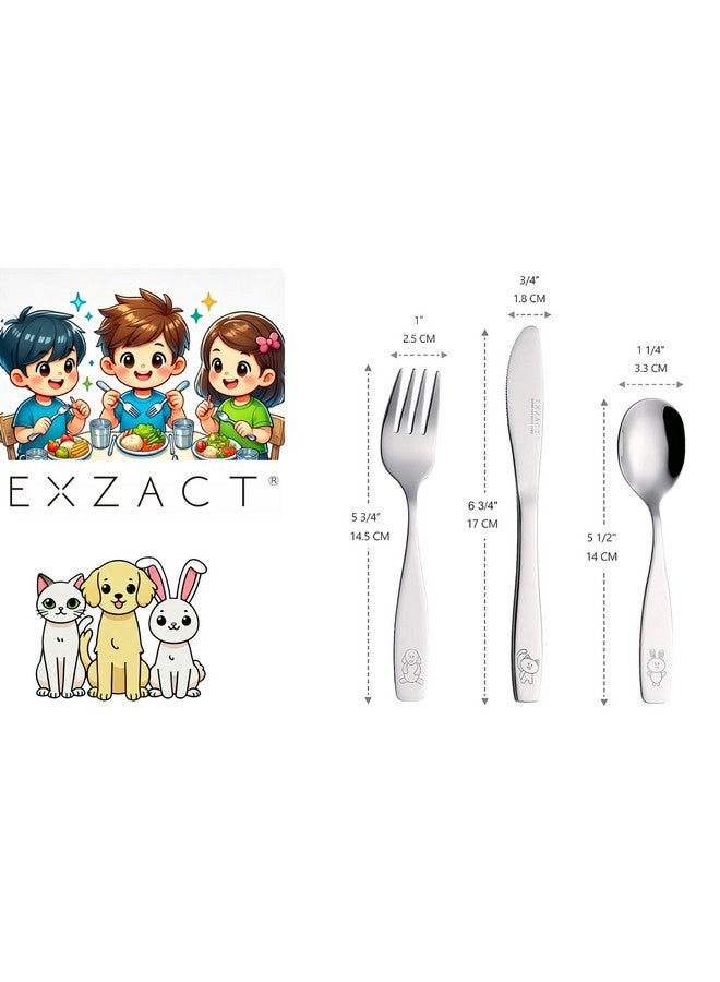 Exzact Children's Flatware Kids Silverware 9pcs/Toddler Utensils 3 x Forks, 3 x Safe Dinnerknives, 3 x Dinner Spoons - Dog Cat Bunny Engraved Design - Image 1