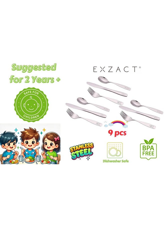 Exzact Children's Flatware Kids Silverware 9pcs/Toddler Utensils 3 x Forks, 3 x Safe Dinnerknives, 3 x Dinner Spoons - Dog Cat Bunny Engraved Design - Image 2