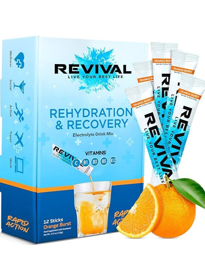 REVIVAL - Rapid Rehydration Electrolytes Powder - High Strength Vitamin C, B1, B3, B5, B12 Supplement Sachet Drink, Effervescent Hydration Orange Burst, 12 Count - Pack Of 1 - Image 1