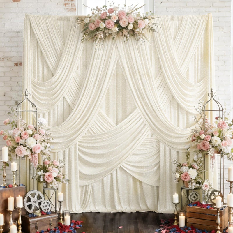 Htper 20ft x 12ft Ivory Backdrop Curtain for Parties, Wrinkle Free Polyester 4 Panels 5x12ft Photo Backdrop Drapes Back Drop Cloth for Wedding Birthday Party Baby Shower Photography Background - Image 1