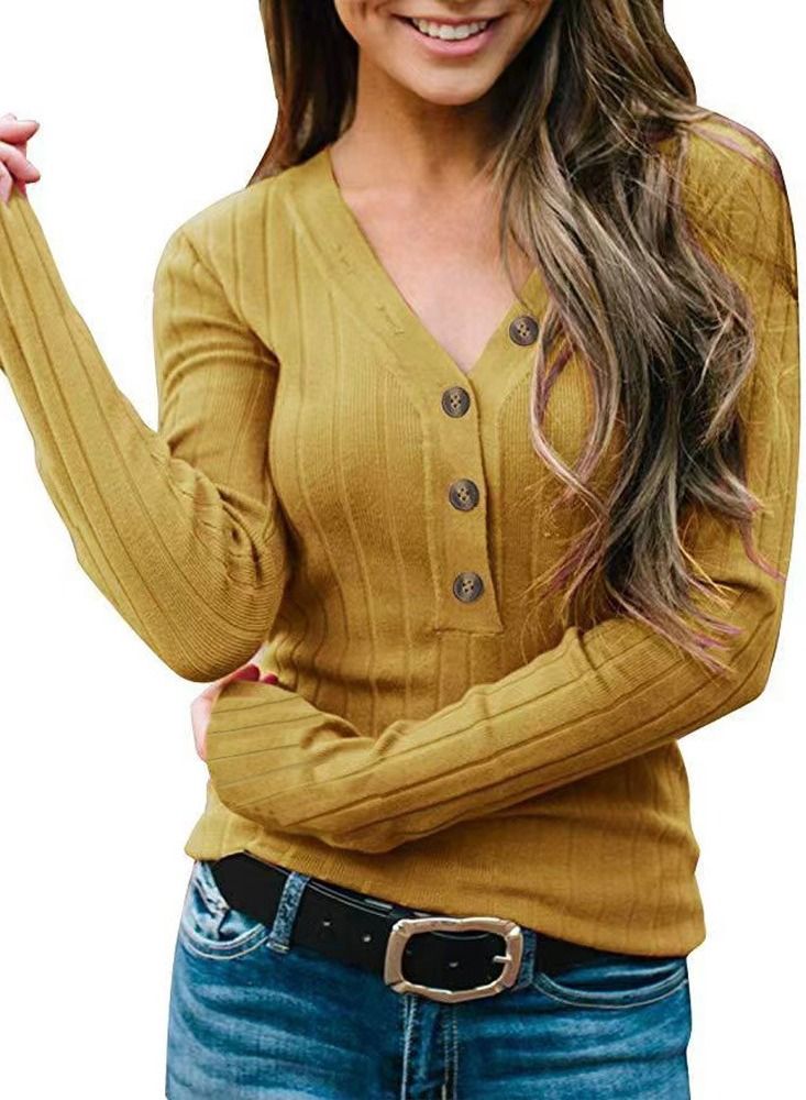 Loquat New Autumn/Winter Women's V-neck Button Solid Color Knit Sweater 