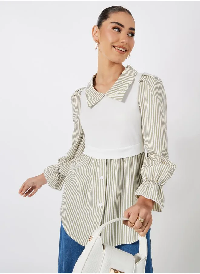 ستايلي 2in1 Style Striped Blouse with Cuffed Sleeves