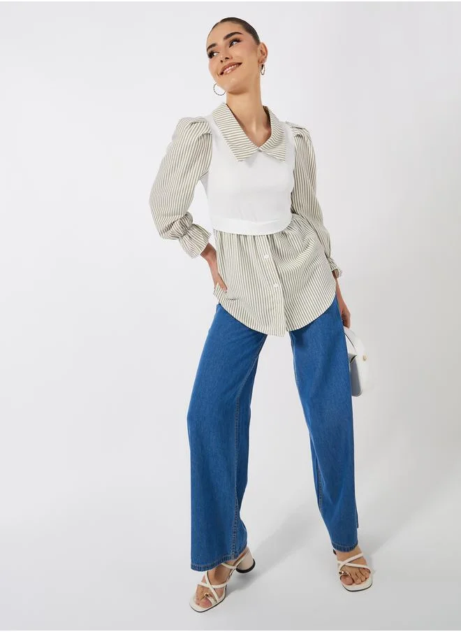 ستايلي 2in1 Style Striped Blouse with Cuffed Sleeves