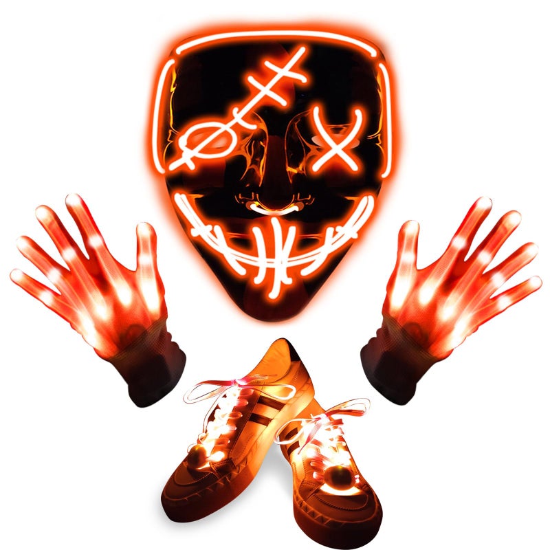 Camlinbo Camlinbo 3 Set Halloween LED Mask Light Up Gloves and Glow Shoelaces Scary Mask Halloween Costume Cosplay Party for Adults Kid 
