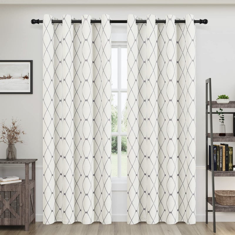 Joywell Embroidered Curtains 84 inch Length 2 Panels Set for Living Room Bedroom, Cotton Linen Textured Curtains Light Reducing Draperies Grommet Room Darkening Window Treatments, Grey Geometric Pattern - Image 1