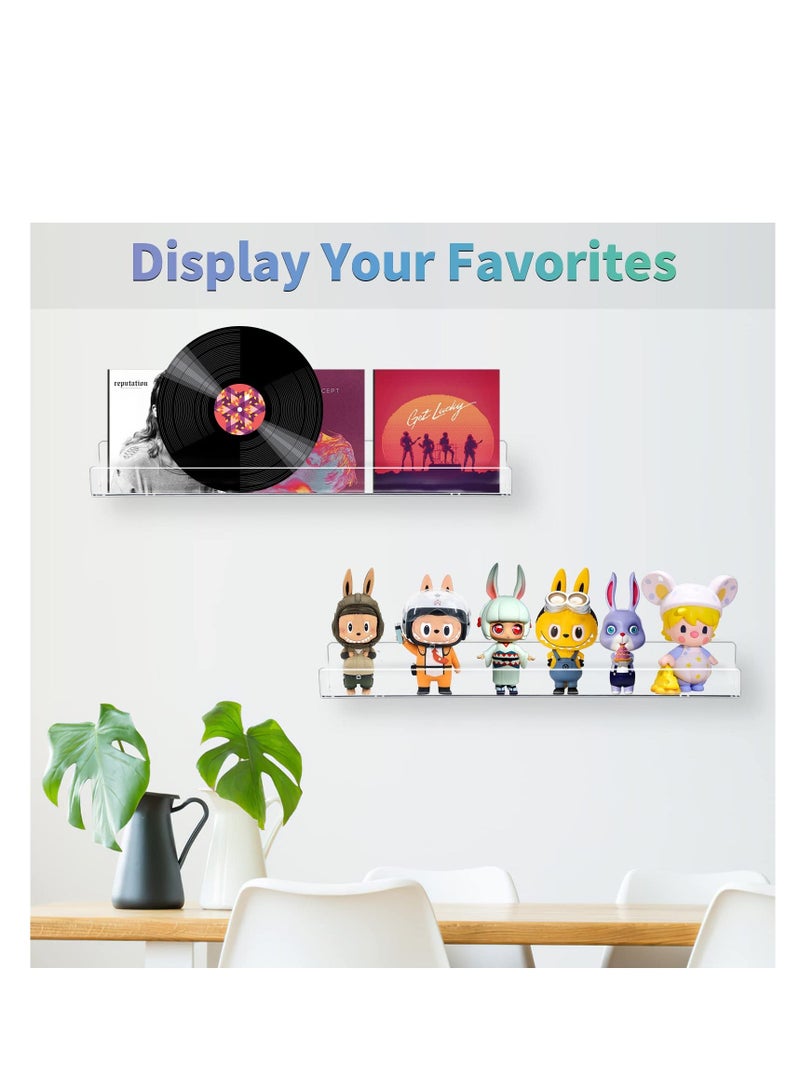NIBEMINENT 2 Pieces Acrylic Floating Shelves, 15inch Clear Shelf, Invisible Wall Mount Bookshelf with Mounting Kit, Small Bathroom Shelves for Record, Book, Funko Pop Figure Display  - Image 4