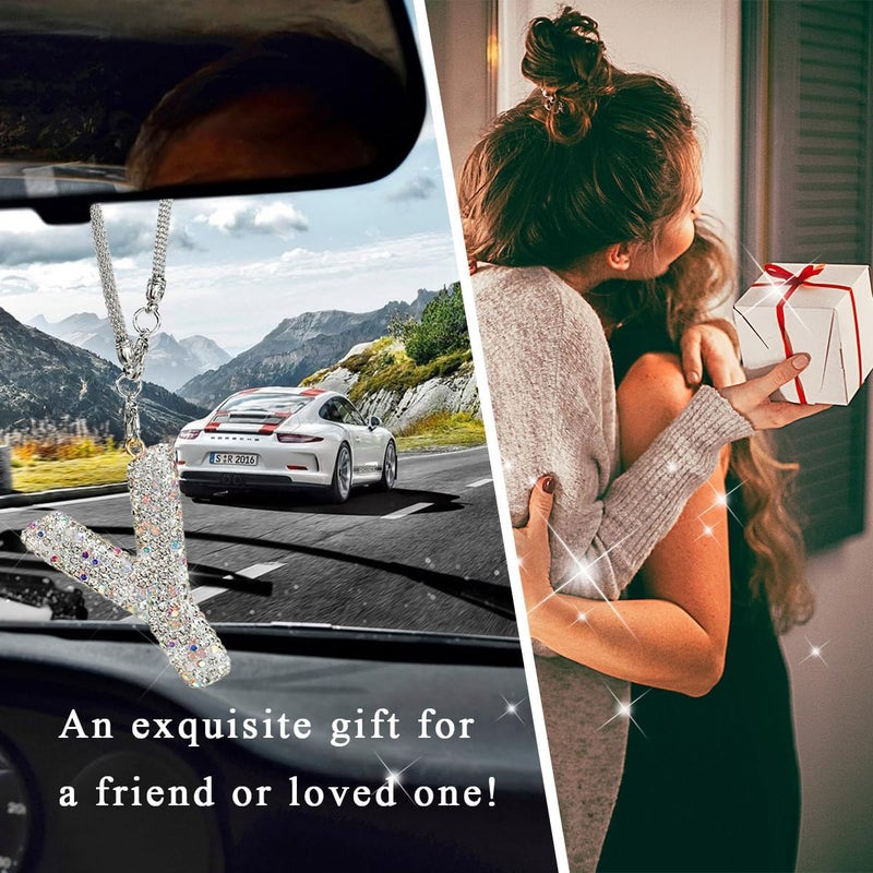 DXNQ Bling Initial Car Rear View Mirror Ornament, Crystal Sparkling Cute Letter Charm Pendant Auto Decor, Hanging Lucky Diamond Initial Charm Car Mirror Bag Ornament for Girl Women (Letter Y) - Image 5