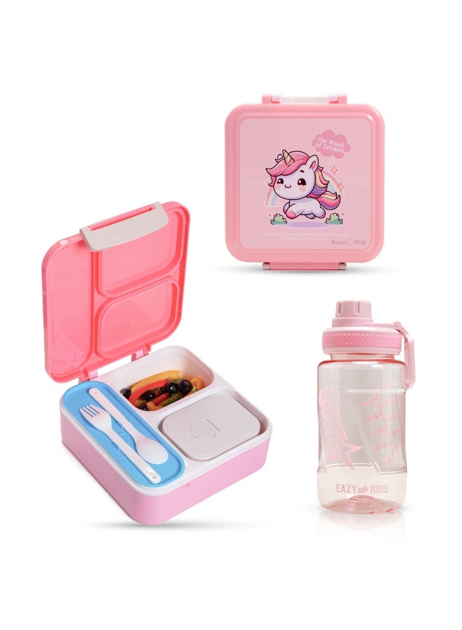 Nova Kids 3 Compartment Bento Lunch Box w/ Water Bottle, Spoon & Fork Set and Stainless Steel Jar - Unicorn Pink - Image 1