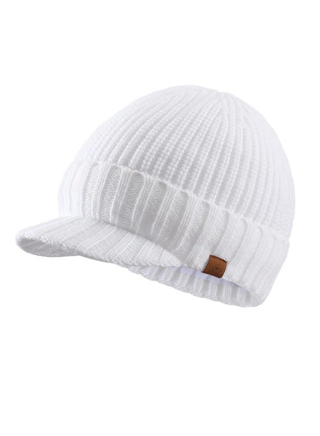 Home Prefer Men's Winter Hat Thick Knit Beanie Cap with Visor Newsboy Beanie Hat White - Image 1
