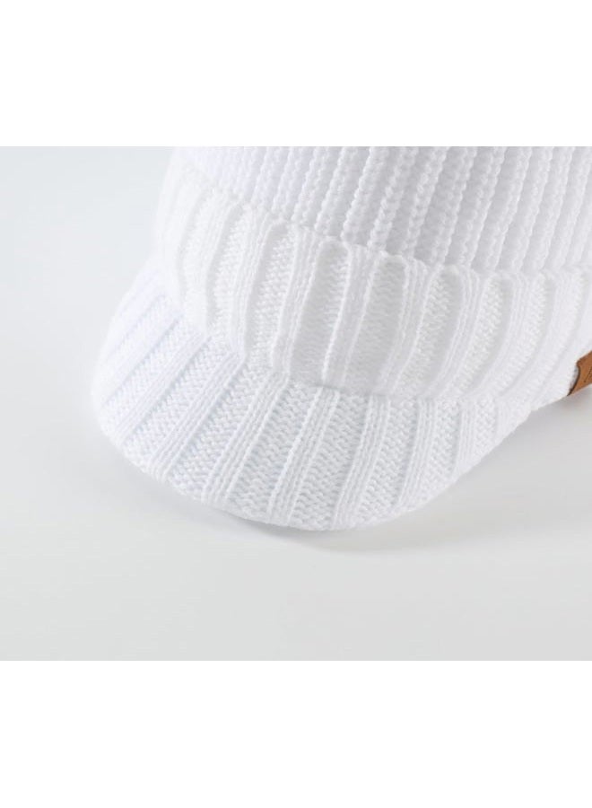 Home Prefer Men's Winter Hat Thick Knit Beanie Cap with Visor Newsboy Beanie Hat White - Image 5