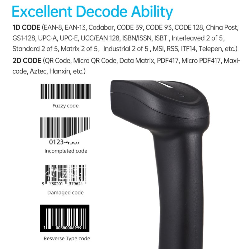 ماسح ضوئي لرموز الشريط اللاسلكي ثنائي الأبعاد 2.4G / محمول مع كابل USB يقرأ رموز الشريط أحادية الأبعاد / منفعة يدوية / ماسح ضوئي CMOS بدقة 640*480 / يدعم رموز الشريط على الورق والشاشة / متوافق مع أنظمة ويندوز وأندرويد و ماك / مناسب لمحلات السوبرmärكت والبيع بالتجزئة - Image 3