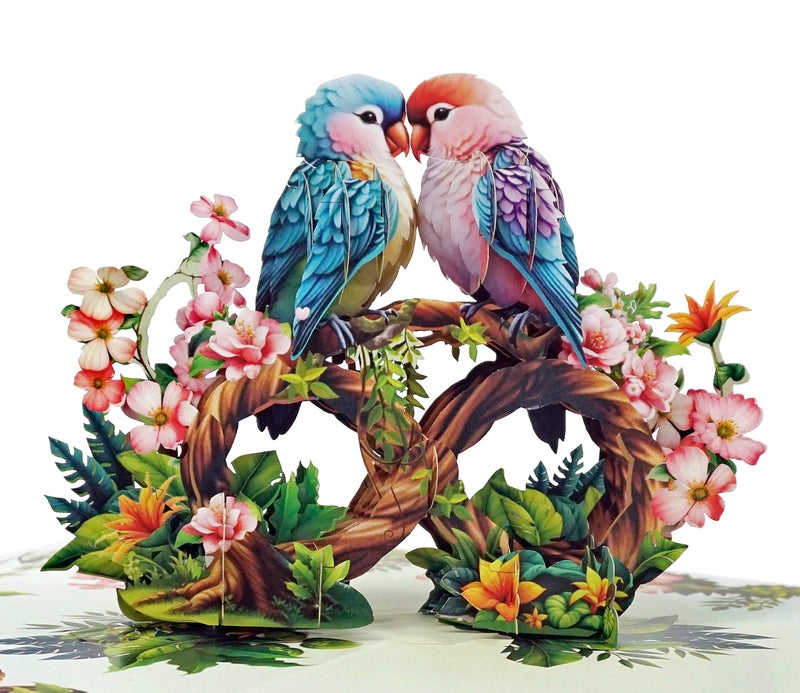 CUT POPUP.COM Valentines Day Card, Anniversary Card Pop Up, Wedding, Engagement, 3D Greeting Card (Parrot Couple) - Image 1