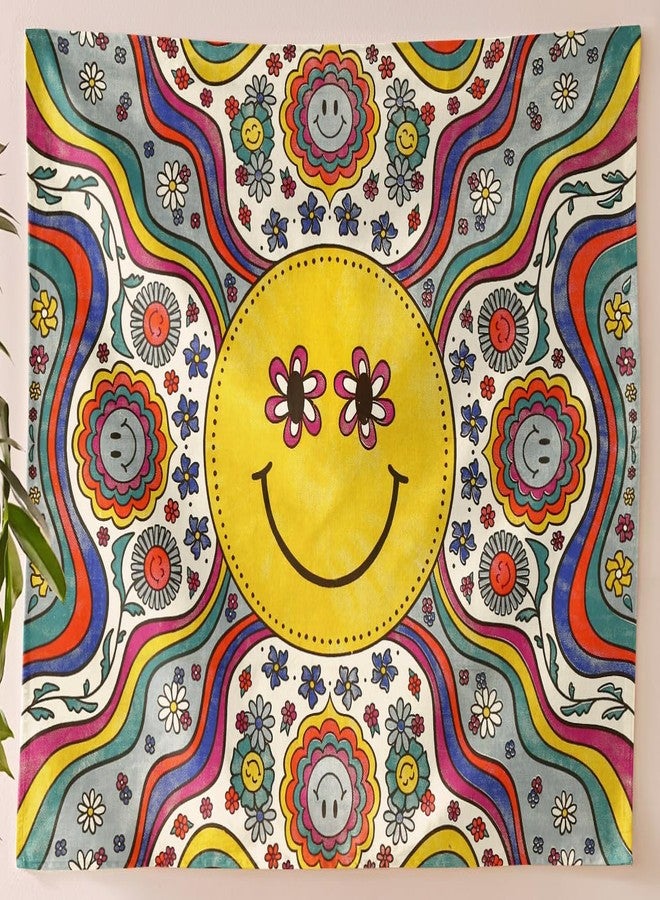SheetKart Bohemian Smiley Face Wall Hanging Tapestry - 100% Cotton, 36x42 inches - Vibrant Home Decor with Yellow Smiles and Flowery Eyes - Image 3