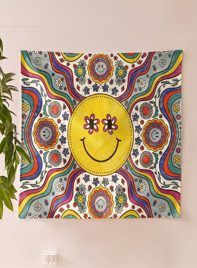 SheetKart Bohemian Smiley Face Wall Hanging Tapestry - 100% Cotton, 36x42 inches - Vibrant Home Decor with Yellow Smiles and Flowery Eyes - Image 1