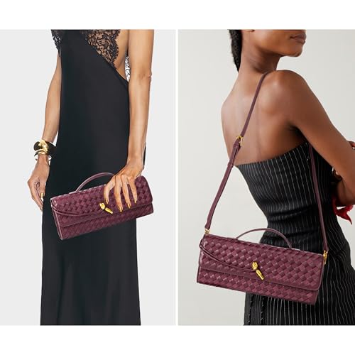 Joryin Woven Purse For Women Evening Clutch Woven Leather Handbags Crossbody Bag Suede Purse Formal Evening Bag, Red Wine - Image 2