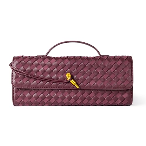 Joryin Woven Purse For Women Evening Clutch Woven Leather Handbags Crossbody Bag Suede Purse Formal Evening Bag, Red Wine - Image 1