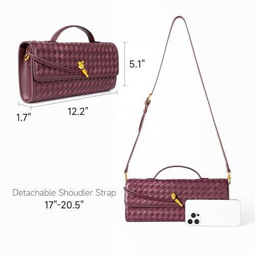 Joryin Woven Purse For Women Evening Clutch Woven Leather Handbags Crossbody Bag Suede Purse Formal Evening Bag, Red Wine - Image 4