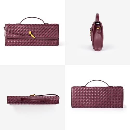 Joryin Woven Purse For Women Evening Clutch Woven Leather Handbags Crossbody Bag Suede Purse Formal Evening Bag, Red Wine - Image 3