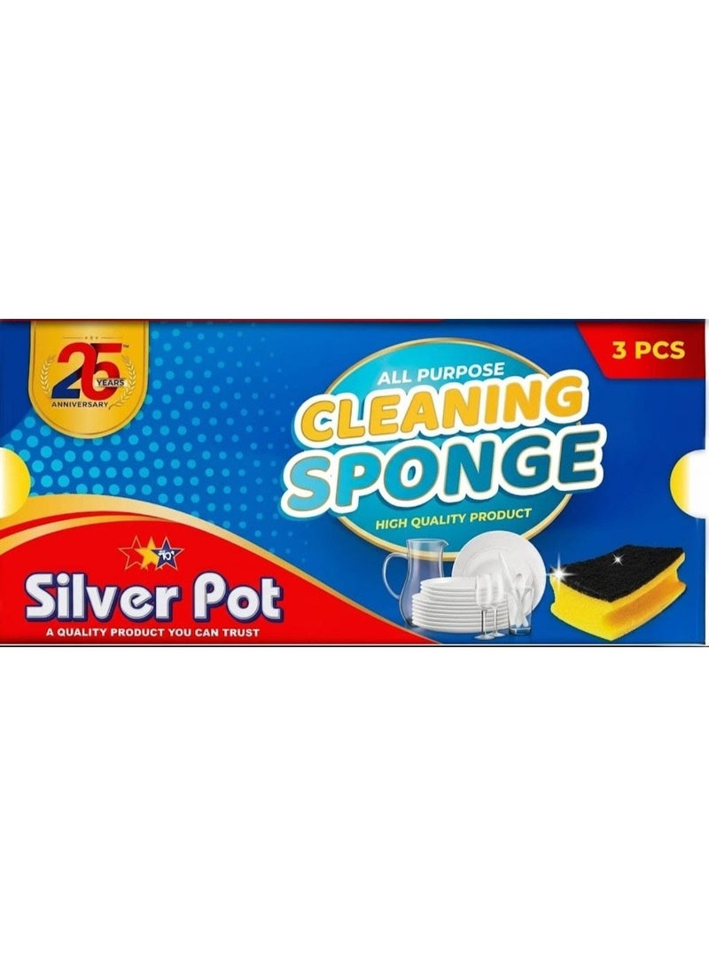 Silver Pot 3pcs Kitchen Sponge & Scourer – 13cm Dual-Purpose Cleaning Sponges for Pots, Pans, Kitchen Utensils, and Delicate Surfaces - Image 1