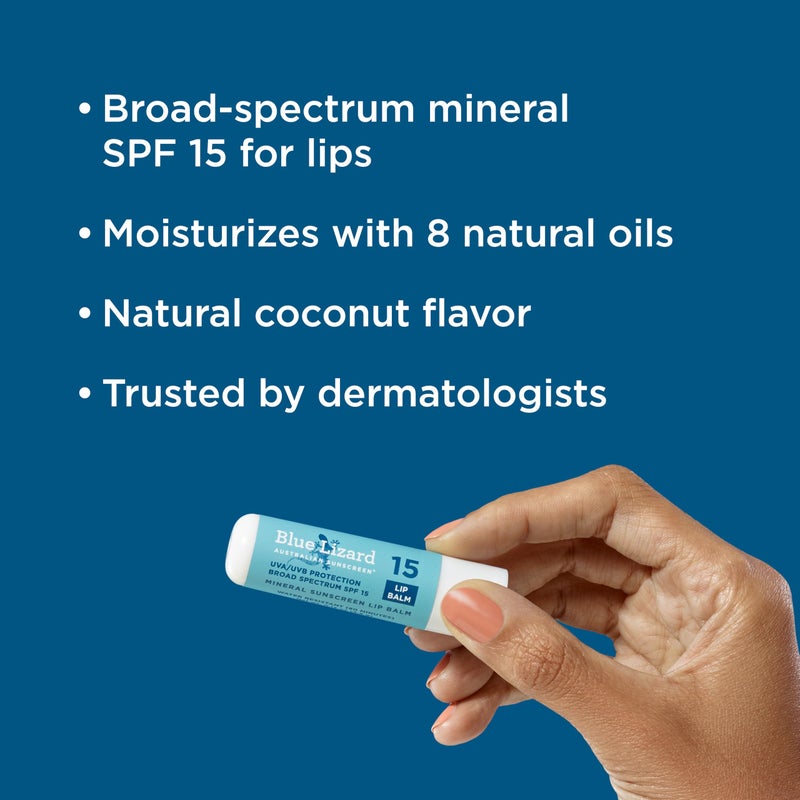 BLUE LIZARD 3-Pack Blue Lizard Mineral SPF 15 Lip Balm: Broad Spectrum Sun Protection, Natural Coconut Flavor, 8 Natural Oils, Infused with Australian Kakadu Plum, Rich in Vitamin C, Vegan, Each Tube 0.13 oz. - Image 2