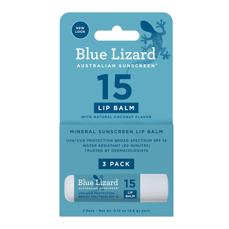 BLUE LIZARD 3-Pack Blue Lizard Mineral SPF 15 Lip Balm: Broad Spectrum Sun Protection, Natural Coconut Flavor, 8 Natural Oils, Infused with Australian Kakadu Plum, Rich in Vitamin C, Vegan, Each Tube 0.13 oz. - Image 1