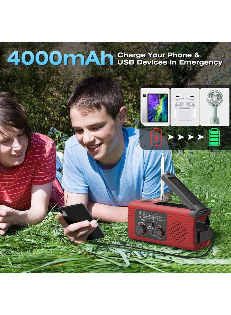 Emergency Radio Hand Crank Radio USB Charged Portable Power Bank with Solar Charging SOS Alarm AM/FM/NOAA Rdios 180° Rotate Reading Lamp LED Flashlight for Camping Home Outdoor Emergency