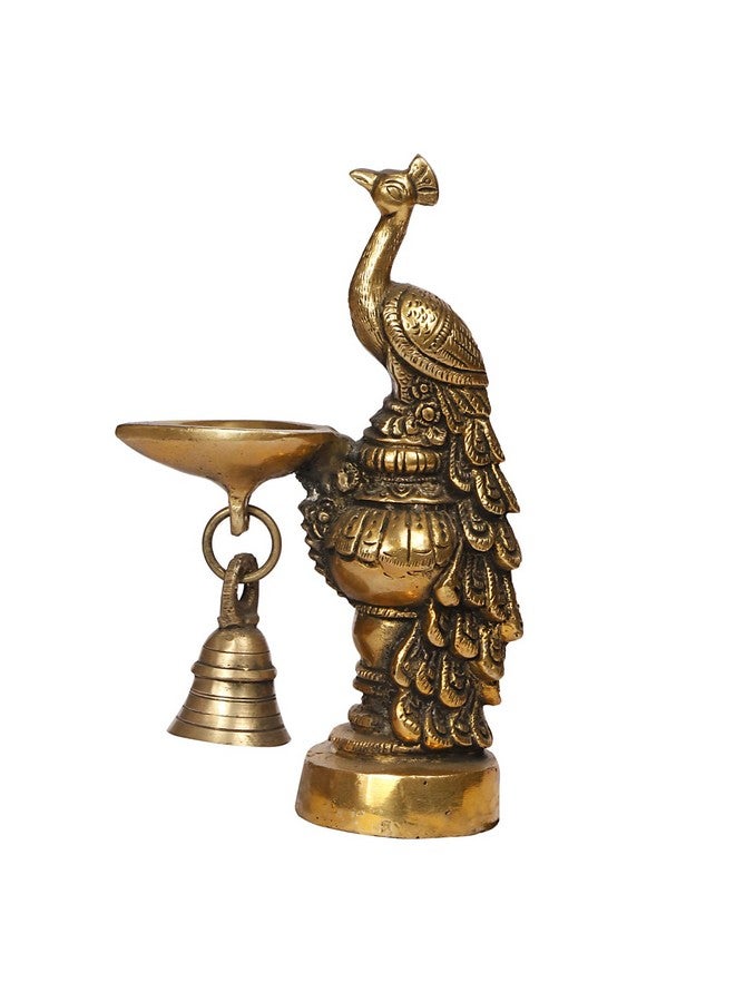 ARTVARKO Brass Peacock Diya with Bell Table Décor with Stand for Home Diwali Gift Temple Pooja Gold Color Height 6.5 Inch - Image 3